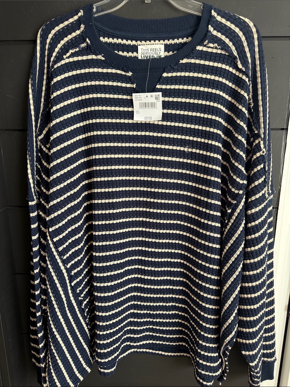American Eagle Outfitters Navy and Cream Striped Crewneck Oversized Sweater L